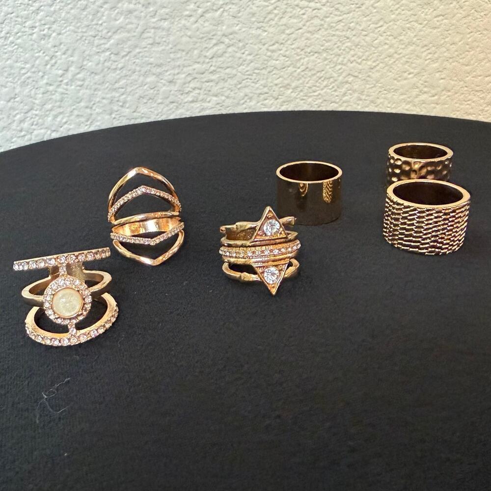 Gold Geometric Ring Set Textured Band Cutout Rhinestone Stacking Rings - Picture 1 of 11